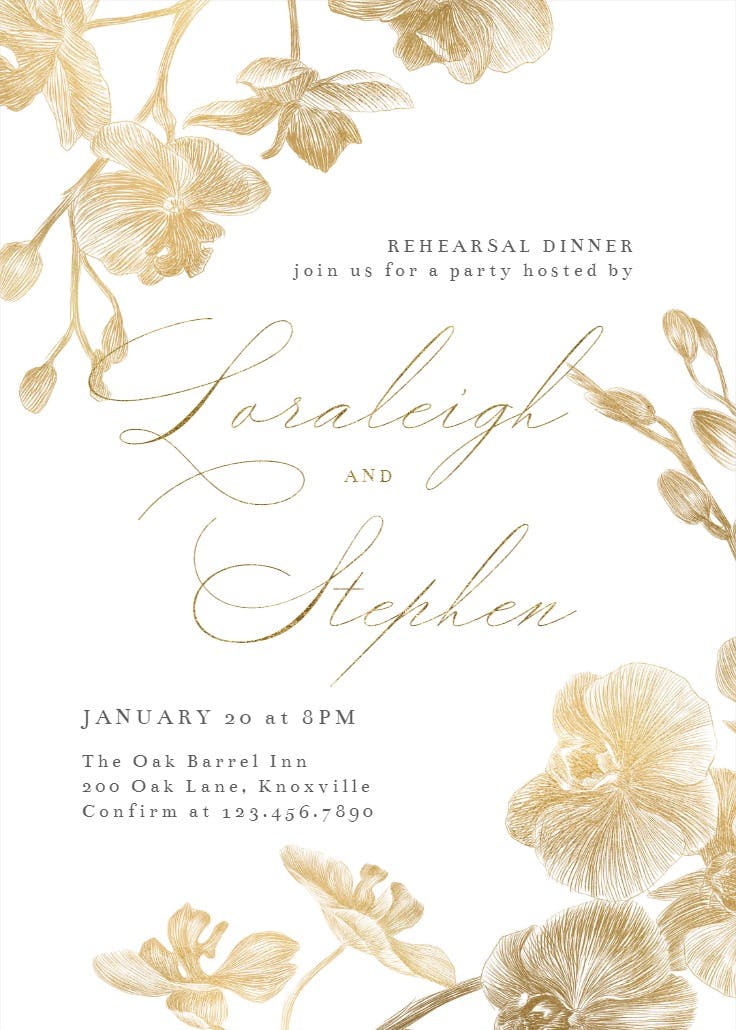 Gold orchids - rehearsal dinner party invitation